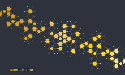 Abstract design element with geometric background and golden hexagons shape pattern