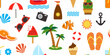 Summer seamless pattern, cartoon vacation background, cute tropical print. Funny summertime item. Watermelon, boat, ice cream, palm tree, fruit, lifebuoy. Bright travel vector illustration