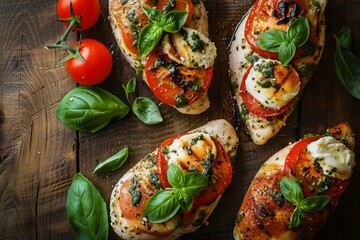 Poster - Chicken breasts stuffed with tomato mozzarella and basil on wooden table