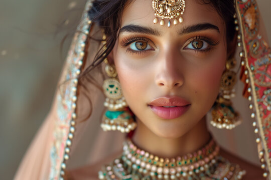 Portrait of beautiful indian girl in traditional Indian costume with kundan jewelry 