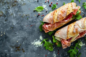 Canvas Print - Ciabatta sandwich with prosciutto mozzarella romaine salad on stone background top view