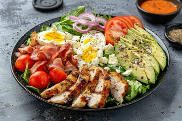 Wall Mural - Classic American Cobb salad with tomato bacon chicken eggs avocado Roquefort cheese on gray background