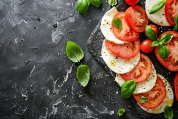 Poster - Classic Caprese salad with tomatoes mozzarella basil on stone background Top view with copy space
