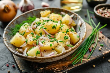 Classic German potato salad with onions and chives served in a rustic black board bowl