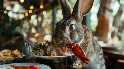 Rabbit eating lobster at a restaurant