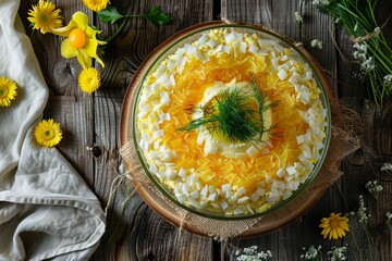 Wall Mural - Classic Russian salad Mimosa garnished with mimosa sprigs egg yolk and dill on wooden surface From above view