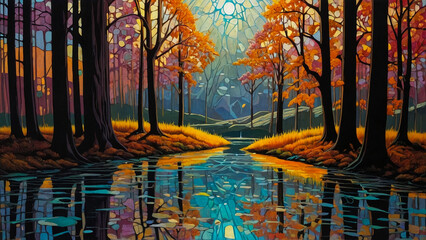 Colorful autumn forest.Fall season with red yellow and orange colors.painting of colorful trees.
