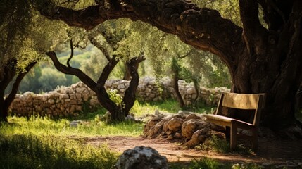 Wall Mural - Secluded olive grove meditation spot philosopher contemplates under stars