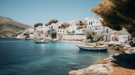 Wall Mural - Tranquil Greek fishing village with whitewashed houses fishing boats