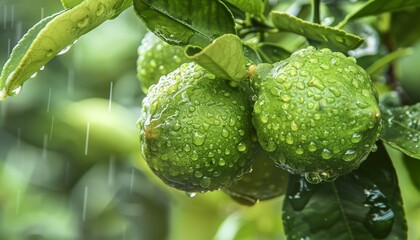Wall Mural - Close up of fresh bergamots lime and lemon fruit hanging on trees with water drops and raindrop covered leaves Copy space available