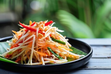 Wall Mural - Close up of spicy Thai papaya salad on a black plate with green leaf background