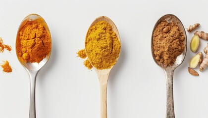 Poster - Close up of white background with turmeric and ginger powder covered spoons