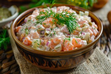 Poster - Close up photo of classic Russian salad Olivier in a bowl