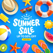 Colorful Summer Sale Banner with Sunglasses, Watermelon, Ice Cream, and Beach Ball, Vibrant Summer Sale Advertisement with Beach Accessories and Fruits.Vector illustration eps 10