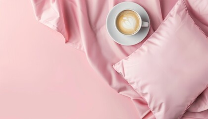 Sticker - Coffee cup and pink pillows top view with copy space