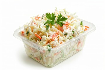 Canvas Print - Coleslaw salad in a plastic container on white background