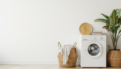 Sticker - Contemporary washing machine and wicker basket in front of white wall Interior design