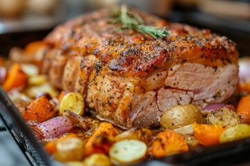 Wall Mural - Cooked pork roast with veggies and spices