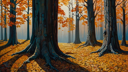 Colorful autumn forest.Fall season with red yellow and orange colors.painting of colorful trees.
