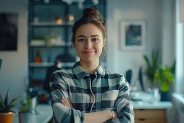 Portrait of smiling young woman in creative office.