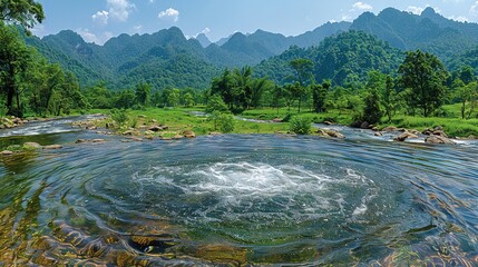 Canvas Print -   A river flows through a dense green forest, surrounded by towering mountains cloaked in lush greenery