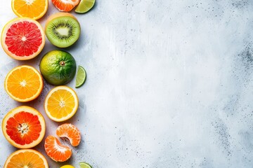 Sticker - Fresh colorful summer fruits on white table orange tangerine lime kiwi grapefruit Top view with space for text