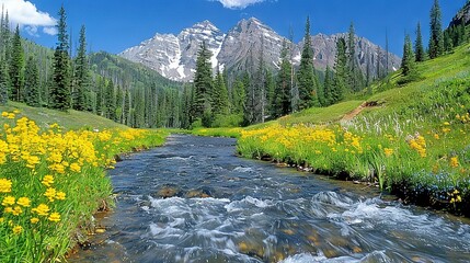 Poster -   A stream runs through a verdant forest of wildflowers adjacent to snow-capped mountain range