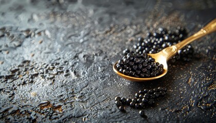 Sticker - Delicious appetizer fresh black caviar golden spoon