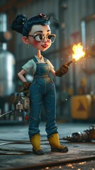 Wall Mural - Cartoon digital avatars of Tina the Torch A gl mechanic with bright red lips and a blowtorch in her hand. Shes working on a welding project and has a confident stance.