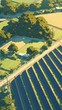Growing fresh vegetables and fruits next to fields with solar panels, eco generation, illustration