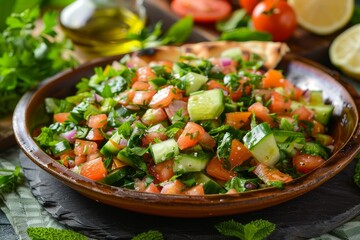 Wall Mural - Fattoush salad with pita bread veggies herbs lemon sumac dressing Traditional Middle Eastern dish vegetarian lunch