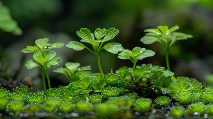 A bunch of green plants with dew on them