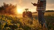 Farmer Using Smartphone in Field at Sunset with Tractor in Background. Generative ai