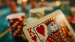 Poker card, luck and chance, with king of hearts card and red poker chips on green table, prosperity abundance luxury high life gratification