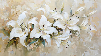 Wall Mural - A painting of a bouquet of white lilies with green leaves