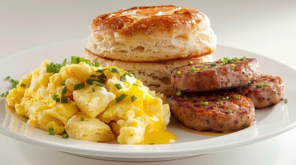 Hospital lunch, 2 scrambled eggs, potato meatball, 2 kefir cookies and a sausage pie, realistic food photo, white background.