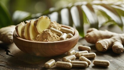 Poster - Ginger slice and powder capsules with ground ginger in wooden bowl on wood table background Herbal supplement concept