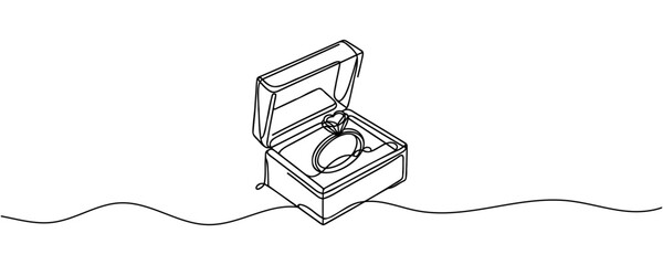 wedding ring in a box, continuous line drawing. one line art, wedding rings.