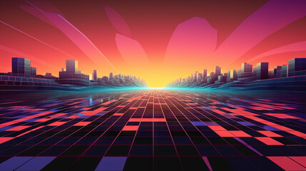 Canvas Print - Road to horizon in synthwave style. 80s styled purple and blue synthwave highway landscape.