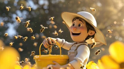 Wall Mural - Cartoon digital avatar of Passionate Beekeeper With a big smile and a bucket of honey, the beekeeper tends to their beloved bees in the apiary.