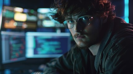 The picture of the software developer or programmer working with the computer and data inside the dark room with monitor, the developer require skills like problem solving and program language. AIG43.