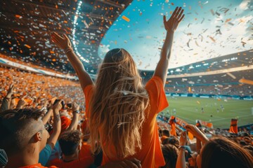 Wall Mural - A woman is standing in a stadium with a crowd of people around her