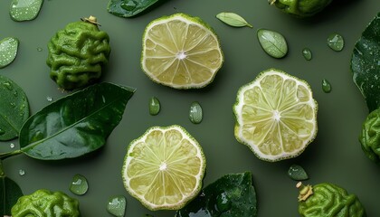 Wall Mural - Isolated green background with cut bergamot fruits and leaves with water droplets