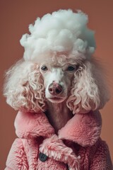 Wall Mural - A poodle with a pink coat and a white fluffy cloud on its head