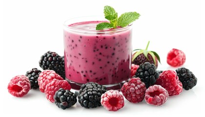 Isolated studio with smoothie and fresh raspberries and blackberries on a white background