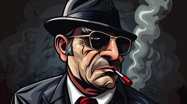 A logo for a business or sports team featuring a fictional caricature of a mean mob mafia boss that is suitable for a t-shirt graphic. hyper realistic 