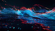 A digital artwork where luminous trails of blue and red ink weave through the darkness of water, creating an abstract landscape of light and color. 