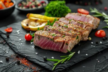 Canvas Print - Juicy tuna steak with veggies on black stone plate at restaurant Seafood in rustic style flat lay