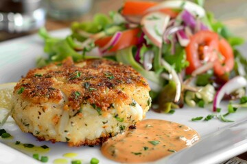 Wall Mural - Jumbo crab cake with rÃ moulade on mixed greens
