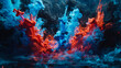 A digitally crafted scene depicting the explosive meeting of blue and red acrylic inks in water, set against a dark abyss. 